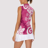 Polynesia Women Sleeveless Polo Shirt Pink Tribal Turtle Floral Pattern
