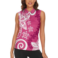 Polynesia Women Sleeveless Polo Shirt Pink Tribal Turtle Floral Pattern