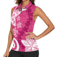 Polynesia Women Sleeveless Polo Shirt Pink Tribal Turtle Floral Pattern