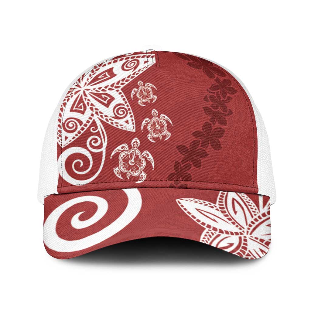 Polynesia Baseball Net Cap Red Tribal Turtle Floral Pattern - Polynesian Pride