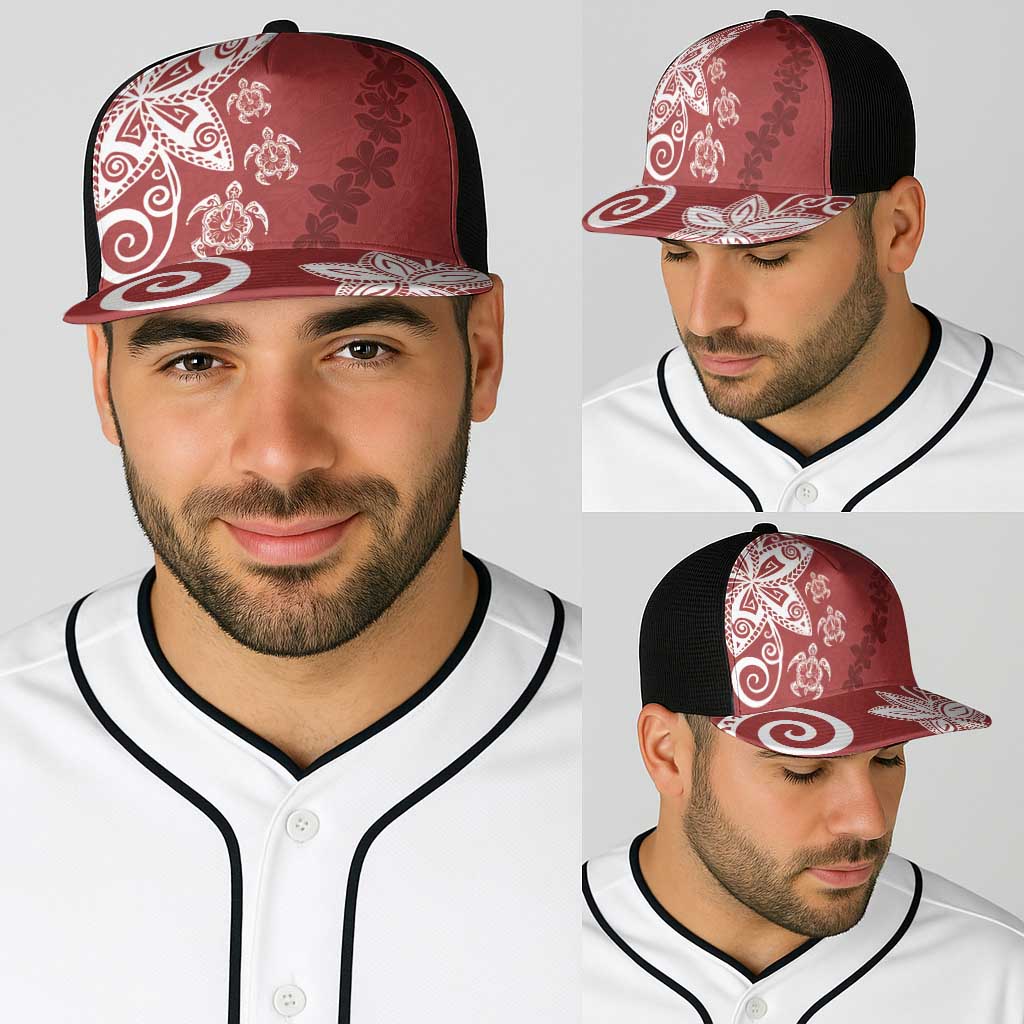 Polynesia Baseball Net Cap Red Tribal Turtle Floral Pattern - Polynesian Pride