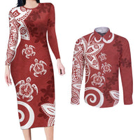 Polynesia Couples Matching Long Sleeve Bodycon Dress and Long Sleeve Button Shirt Red Tribal Turtle Floral Pattern LT05 Red - Polynesian Pride