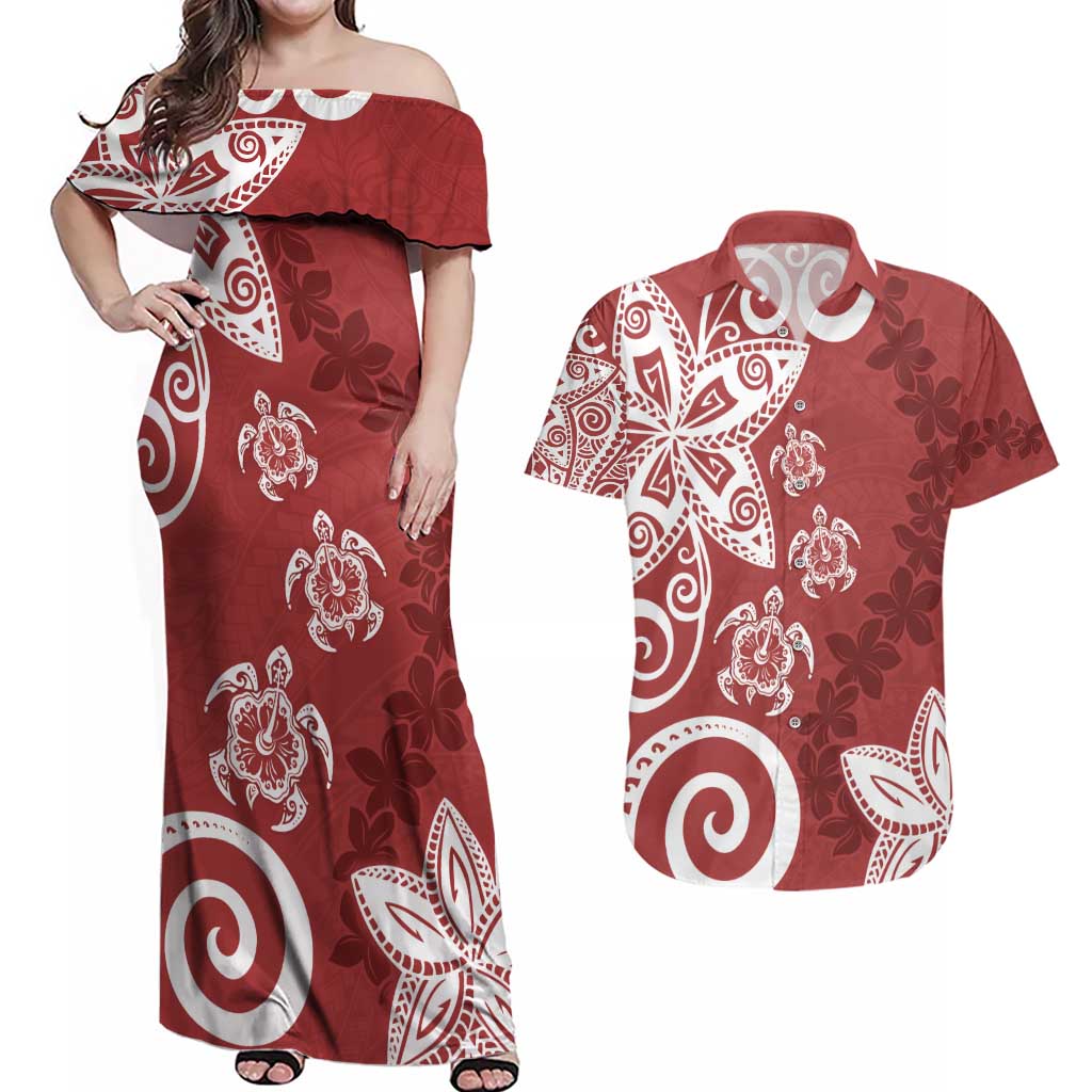 Polynesia Couples Matching Off Shoulder Maxi Dress and Hawaiian Shirt Red Tribal Turtle Floral Pattern