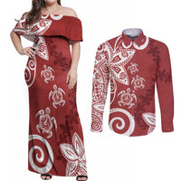 Polynesia Couples Matching Off Shoulder Maxi Dress and Long Sleeve Button Shirt Red Tribal Turtle Floral Pattern LT05 Red - Polynesian Pride