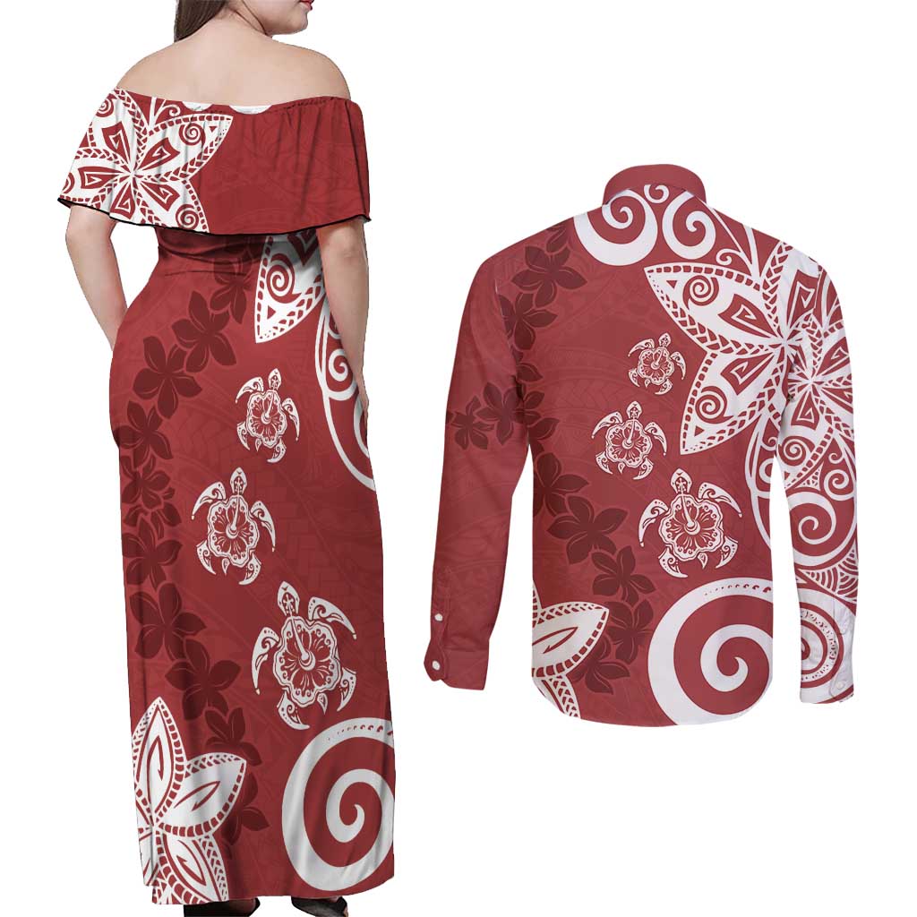 Polynesia Couples Matching Off Shoulder Maxi Dress and Long Sleeve Button Shirt Red Tribal Turtle Floral Pattern LT05 - Polynesian Pride