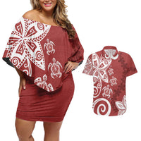 Polynesia Couples Matching Off Shoulder Short Dress and Hawaiian Shirt Red Tribal Turtle Floral Pattern LT05 Red - Polynesian Pride