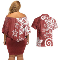 Polynesia Couples Matching Off Shoulder Short Dress and Hawaiian Shirt Red Tribal Turtle Floral Pattern LT05 - Polynesian Pride