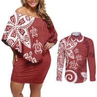 Polynesia Couples Matching Off Shoulder Short Dress and Long Sleeve Button Shirt Red Tribal Turtle Floral Pattern LT05 Red - Polynesian Pride