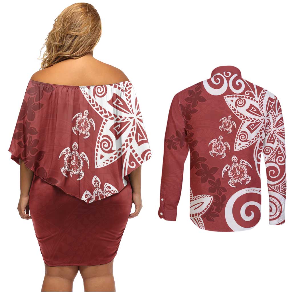 Polynesia Couples Matching Off Shoulder Short Dress and Long Sleeve Button Shirt Red Tribal Turtle Floral Pattern LT05 - Polynesian Pride