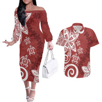 Polynesia Couples Matching Off The Shoulder Long Sleeve Dress and Hawaiian Shirt Red Tribal Turtle Floral Pattern LT05 Red - Polynesian Pride
