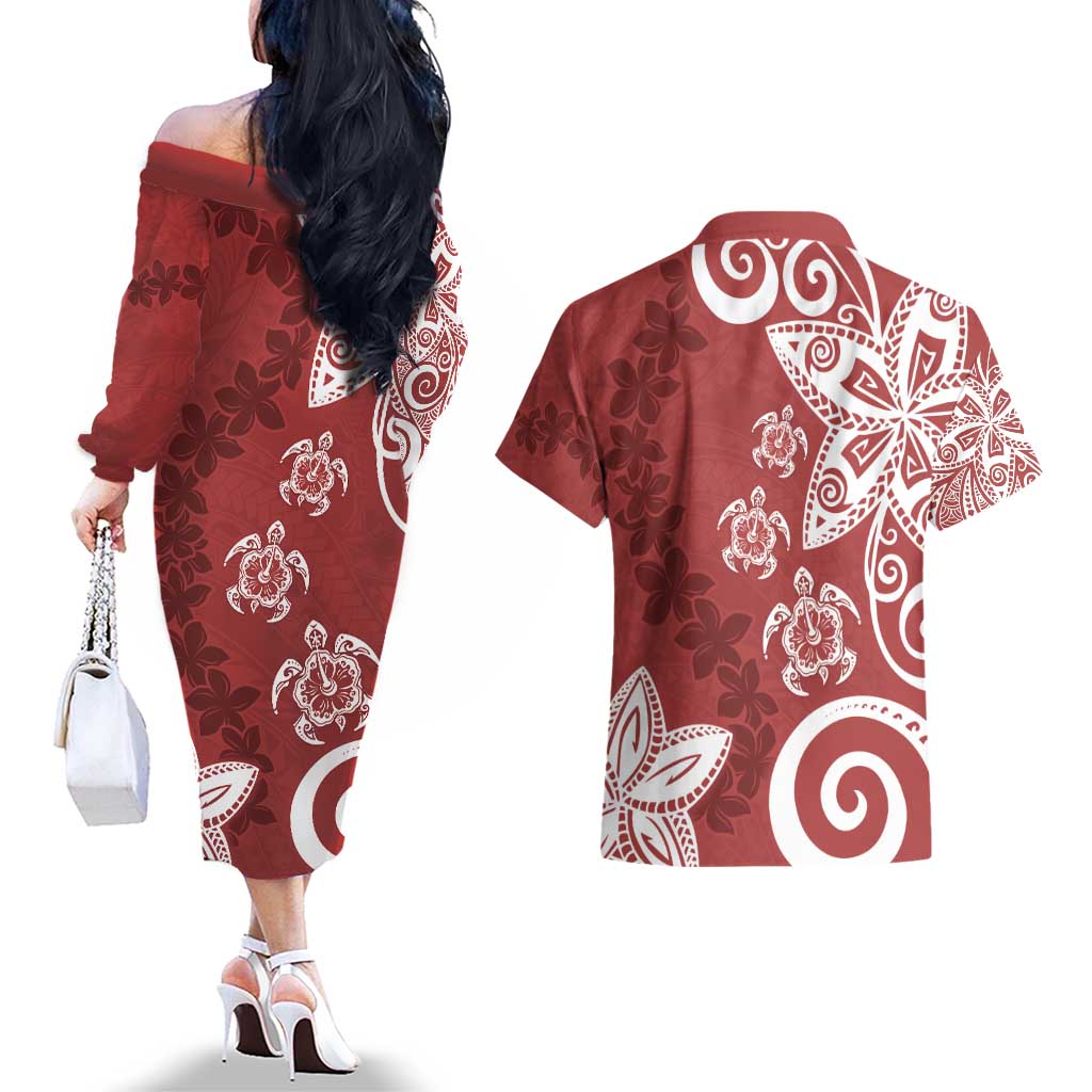 Polynesia Couples Matching Off The Shoulder Long Sleeve Dress and Hawaiian Shirt Red Tribal Turtle Floral Pattern LT05 - Polynesian Pride