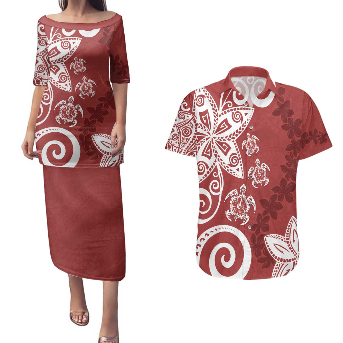 Polynesia Couples Matching Puletasi and Hawaiian Shirt Red Tribal Turtle Floral Pattern LT05 Red - Polynesian Pride