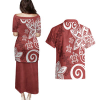 Polynesia Couples Matching Puletasi and Hawaiian Shirt Red Tribal Turtle Floral Pattern LT05 - Polynesian Pride
