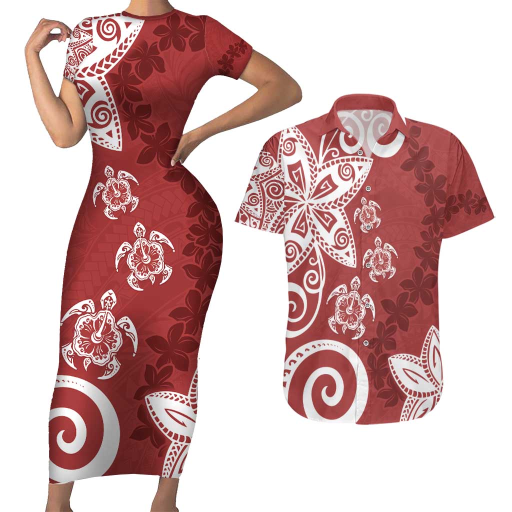 Polynesia Couples Matching Short Sleeve Bodycon Dress and Hawaiian Shirt Red Tribal Turtle Floral Pattern LT05 Red - Polynesian Pride