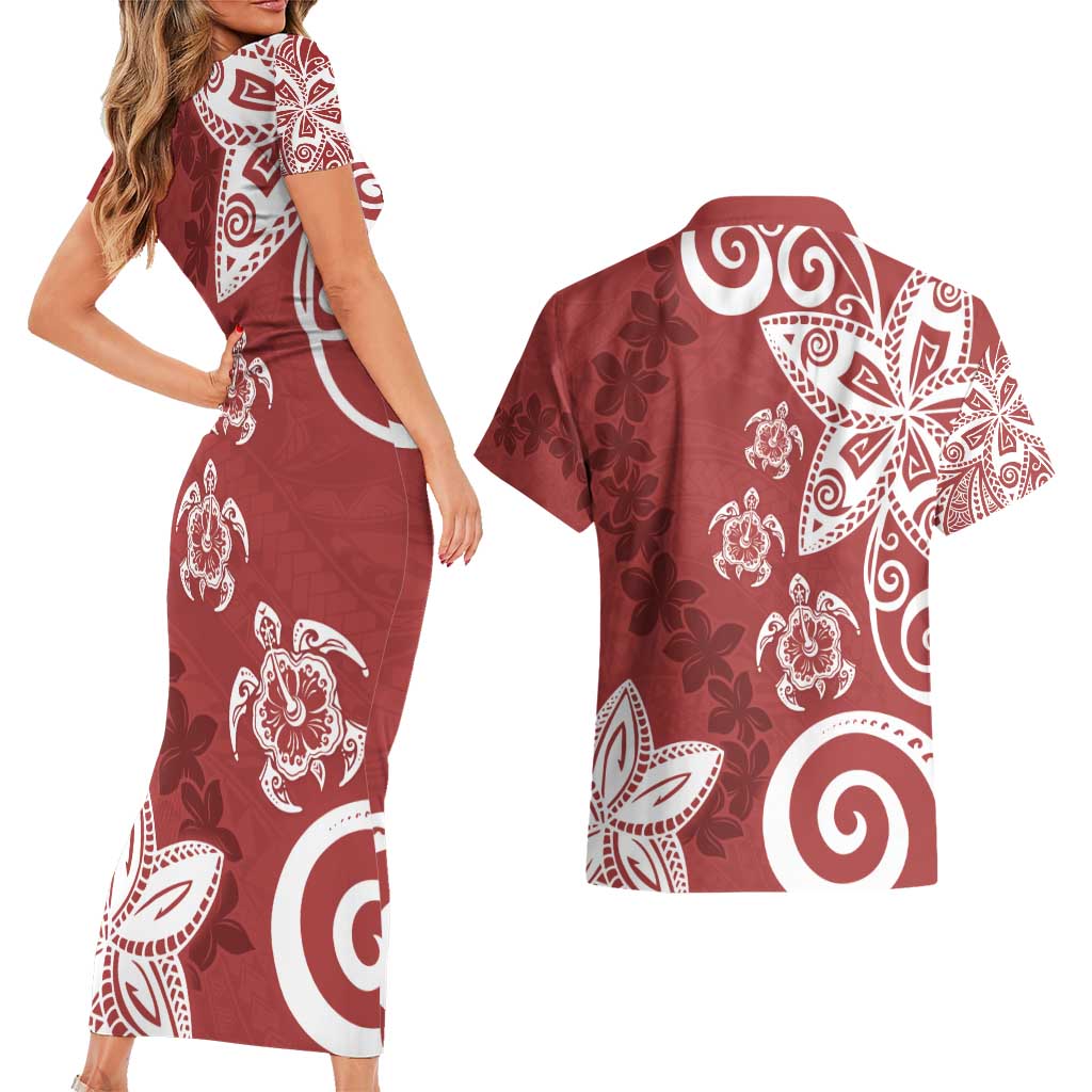 Polynesia Couples Matching Short Sleeve Bodycon Dress and Hawaiian Shirt Red Tribal Turtle Floral Pattern LT05 - Polynesian Pride