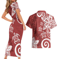 Polynesia Couples Matching Short Sleeve Bodycon Dress and Hawaiian Shirt Red Tribal Turtle Floral Pattern LT05 - Polynesian Pride