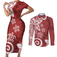Polynesia Couples Matching Short Sleeve Bodycon Dress and Long Sleeve Button Shirt Red Tribal Turtle Floral Pattern LT05 Red - Polynesian Pride