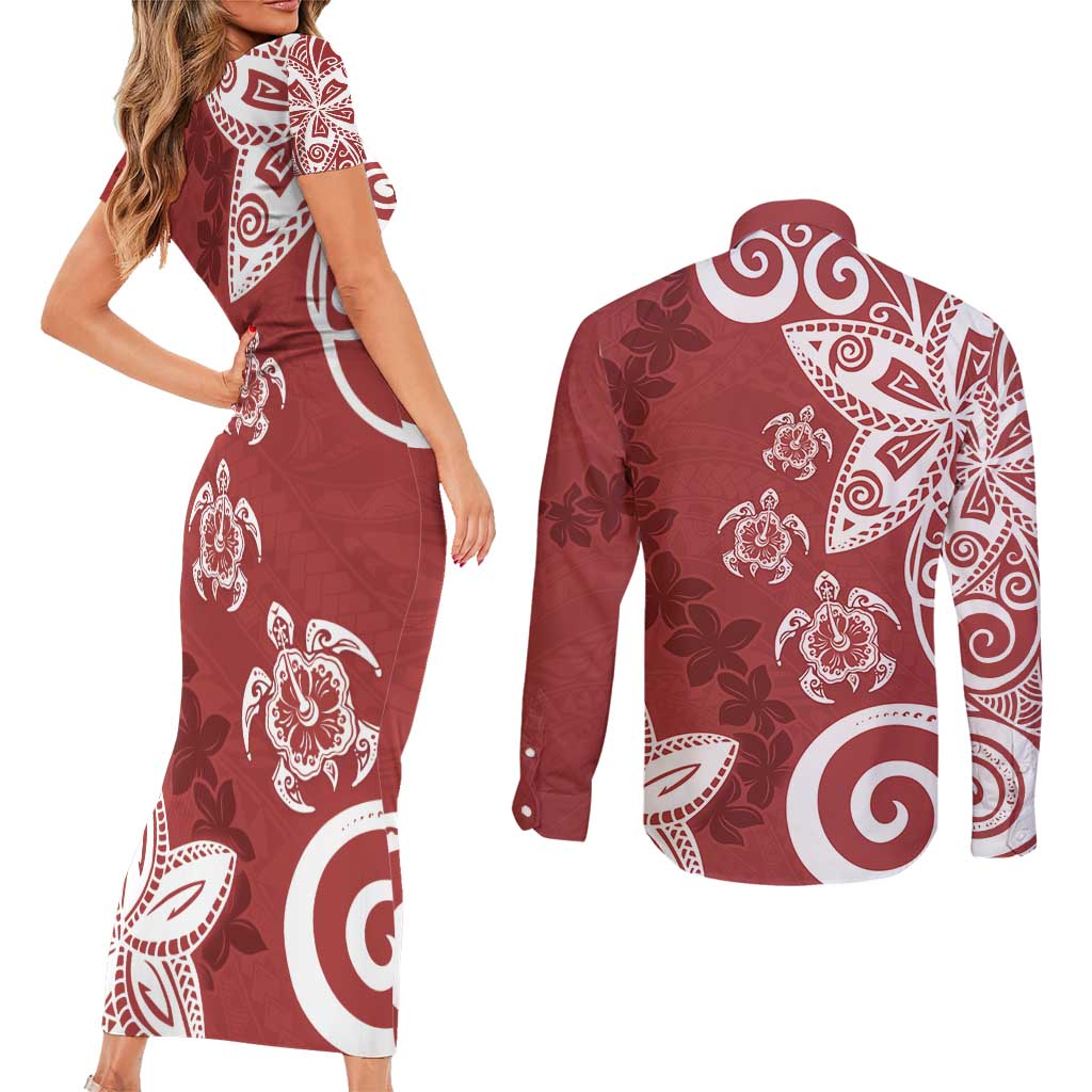 Polynesia Couples Matching Short Sleeve Bodycon Dress and Long Sleeve Button Shirt Red Tribal Turtle Floral Pattern LT05 - Polynesian Pride