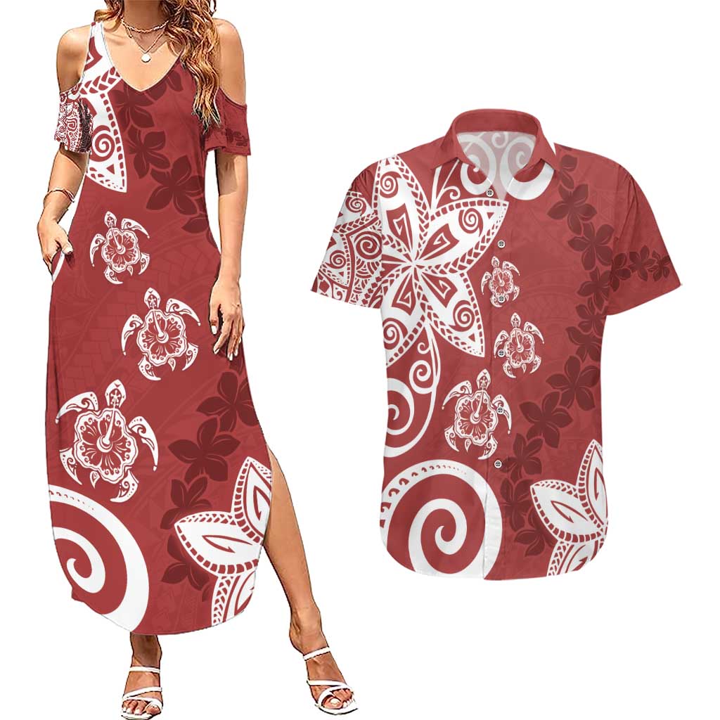 Polynesia Couples Matching Summer Maxi Dress and Hawaiian Shirt Red Tribal Turtle Floral Pattern LT05 Red - Polynesian Pride