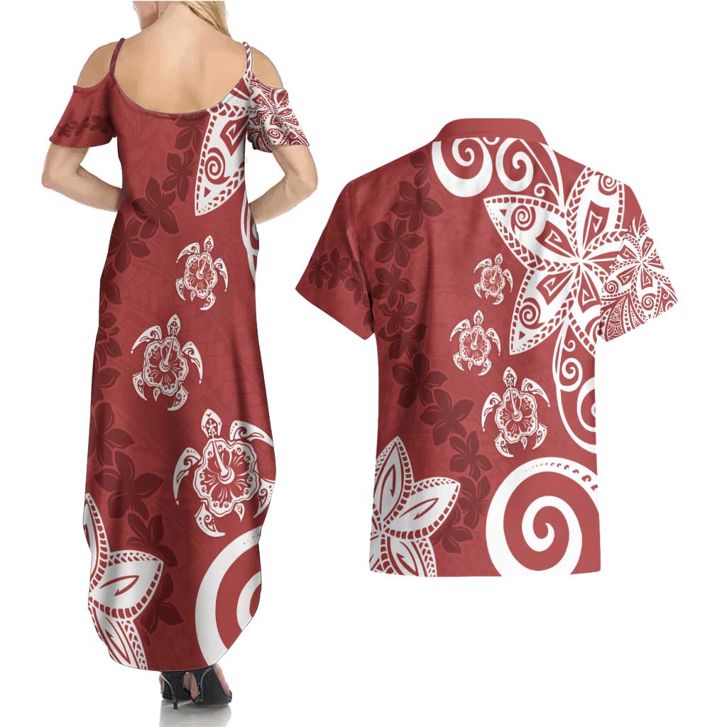 Polynesia Couples Matching Summer Maxi Dress and Hawaiian Shirt Red Tribal Turtle Floral Pattern LT05 - Polynesian Pride