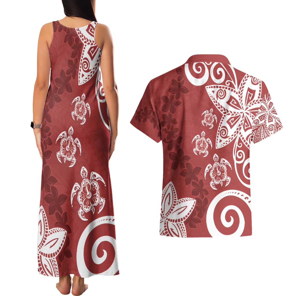 Polynesia Couples Matching Tank Maxi Dress and Hawaiian Shirt Red Tribal Turtle Floral Pattern LT05 - Polynesian Pride