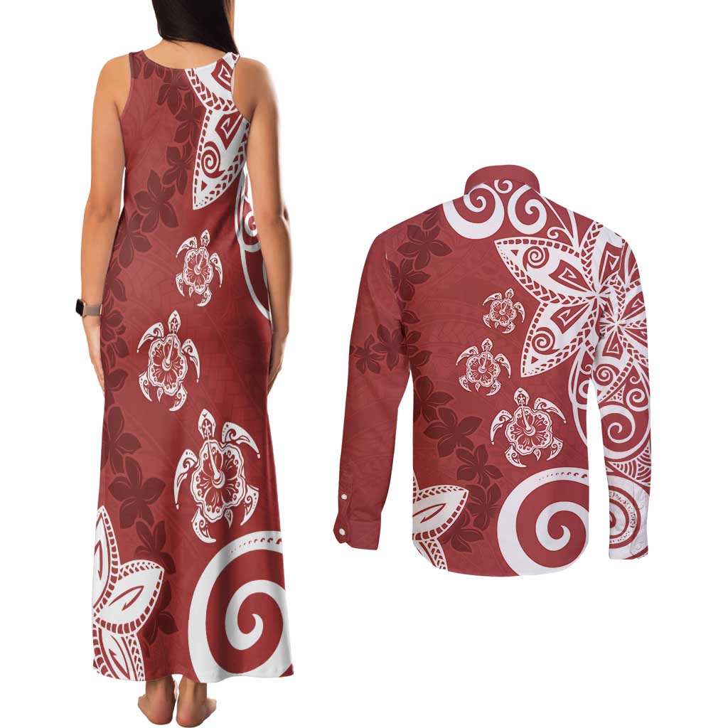 Polynesia Couples Matching Tank Maxi Dress and Long Sleeve Button Shirt Red Tribal Turtle Floral Pattern LT05 - Polynesian Pride