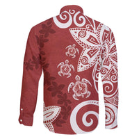 Polynesia Family Matching Off The Shoulder Long Sleeve Dress and Hawaiian Shirt Red Tribal Turtle Floral Pattern