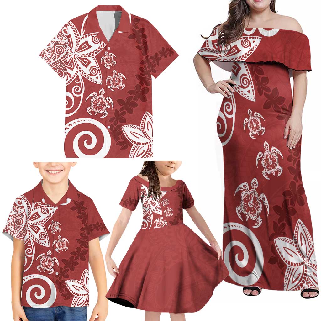 Polynesia Family Matching Off Shoulder Maxi Dress and Hawaiian Shirt Red Tribal Turtle Floral Pattern