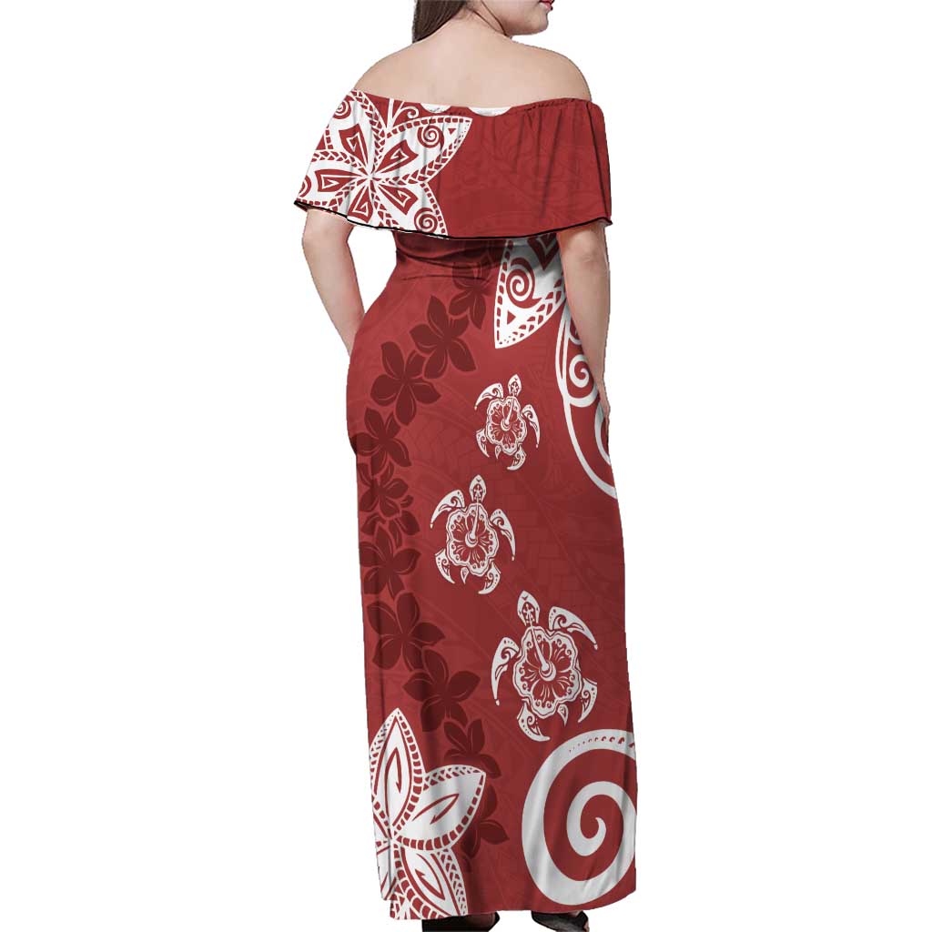 Polynesia Family Matching Off Shoulder Maxi Dress and Hawaiian Shirt Red Tribal Turtle Floral Pattern