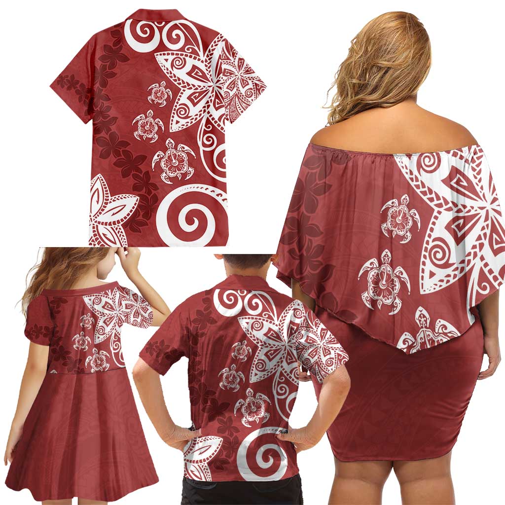 Polynesia Family Matching Off Shoulder Short Dress and Hawaiian Shirt Red Tribal Turtle Floral Pattern