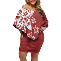 Polynesia Family Matching Off Shoulder Short Dress and Hawaiian Shirt Red Tribal Turtle Floral Pattern