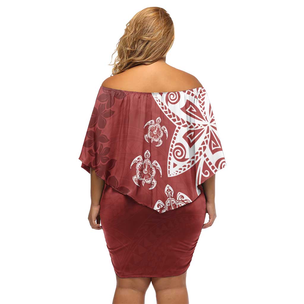Polynesia Family Matching Off Shoulder Short Dress and Hawaiian Shirt Red Tribal Turtle Floral Pattern