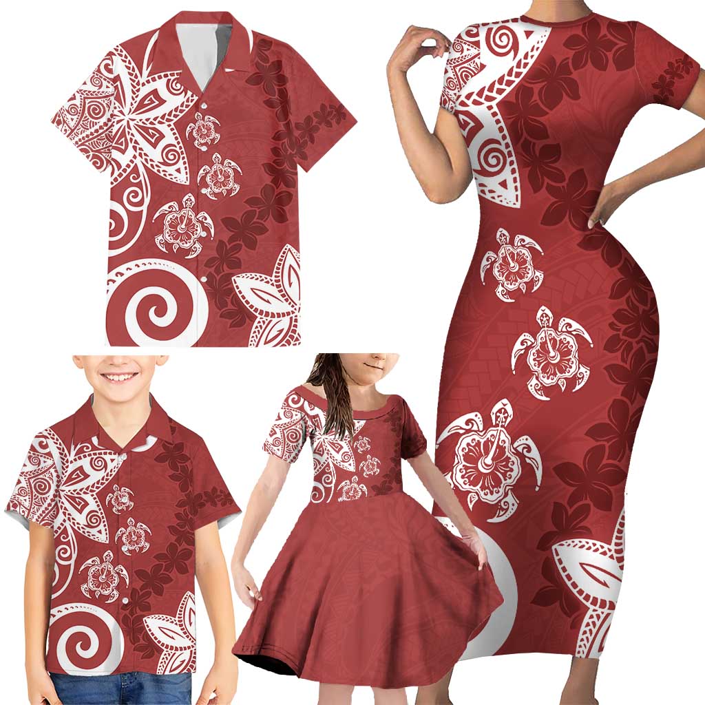 Polynesia Family Matching Short Sleeve Bodycon Dress and Hawaiian Shirt Red Tribal Turtle Floral Pattern