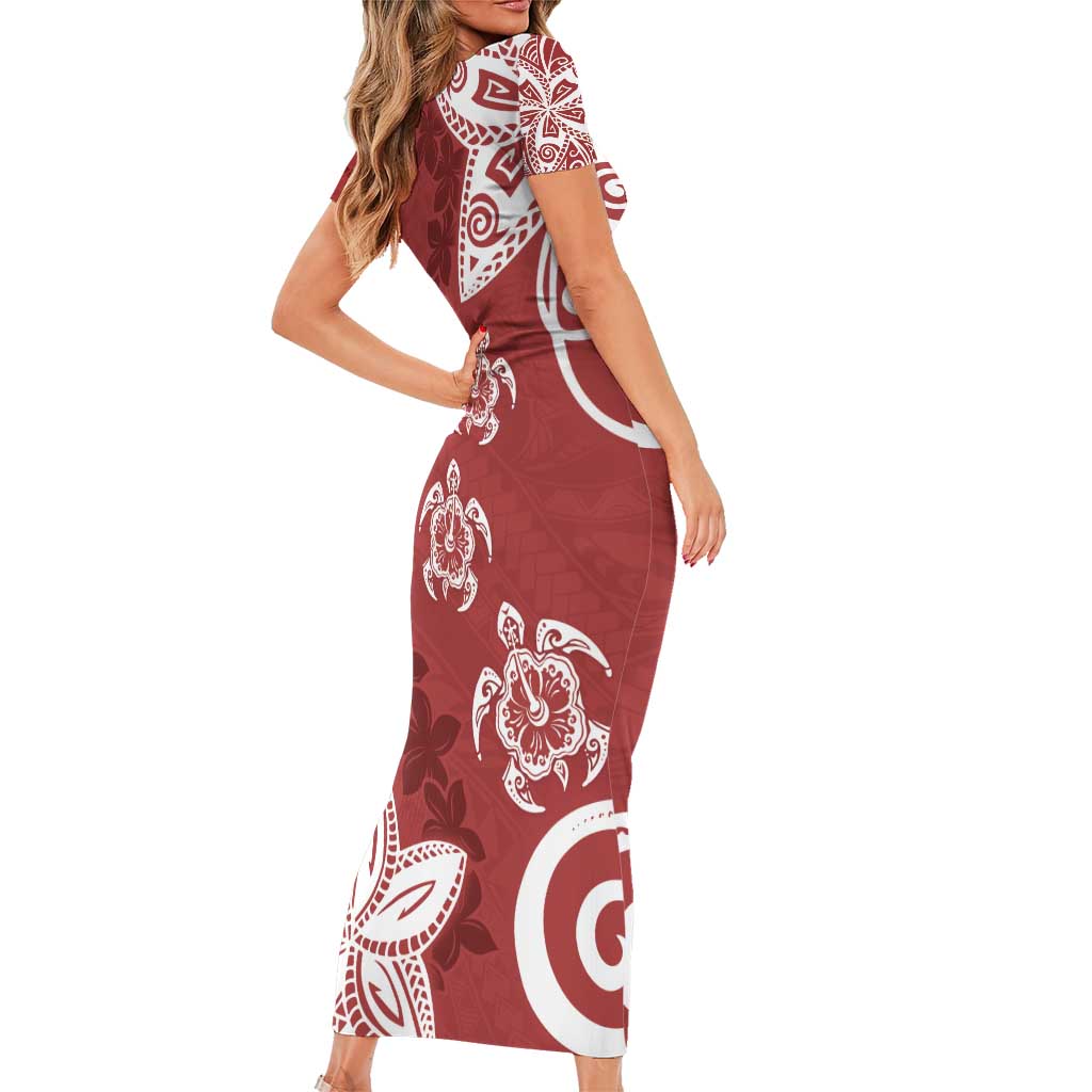 Polynesia Family Matching Short Sleeve Bodycon Dress and Hawaiian Shirt Red Tribal Turtle Floral Pattern