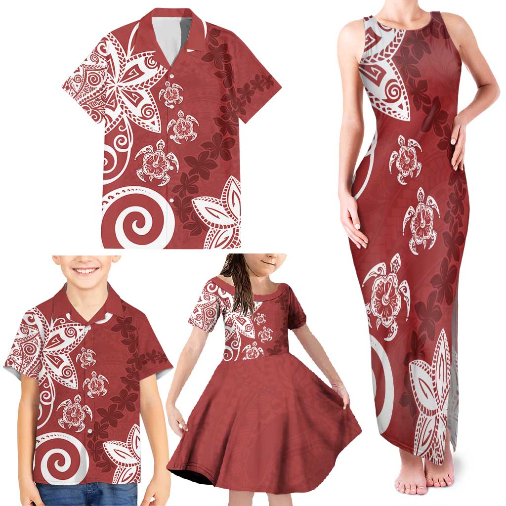 Polynesia Family Matching Tank Maxi Dress and Hawaiian Shirt Red Tribal Turtle Floral Pattern