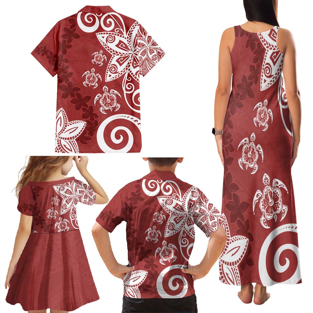 Polynesia Family Matching Tank Maxi Dress and Hawaiian Shirt Red Tribal Turtle Floral Pattern