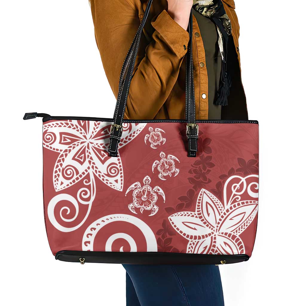 Polynesia Leather Tote Bag Red Tribal Turtle Floral Pattern LT05 - Polynesian Pride