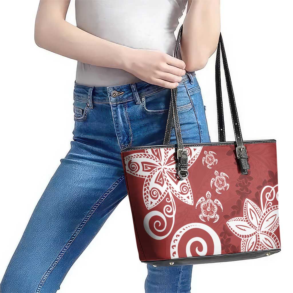 Polynesia Leather Tote Bag Red Tribal Turtle Floral Pattern LT05 - Polynesian Pride