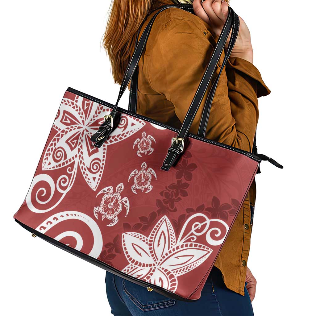 Polynesia Leather Tote Bag Red Tribal Turtle Floral Pattern LT05 - Polynesian Pride