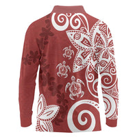 Polynesia Long Sleeve Polo Shirt Red Tribal Turtle Floral Pattern
