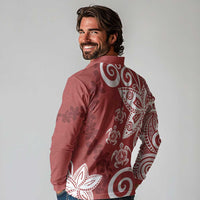 Polynesia Long Sleeve Polo Shirt Red Tribal Turtle Floral Pattern