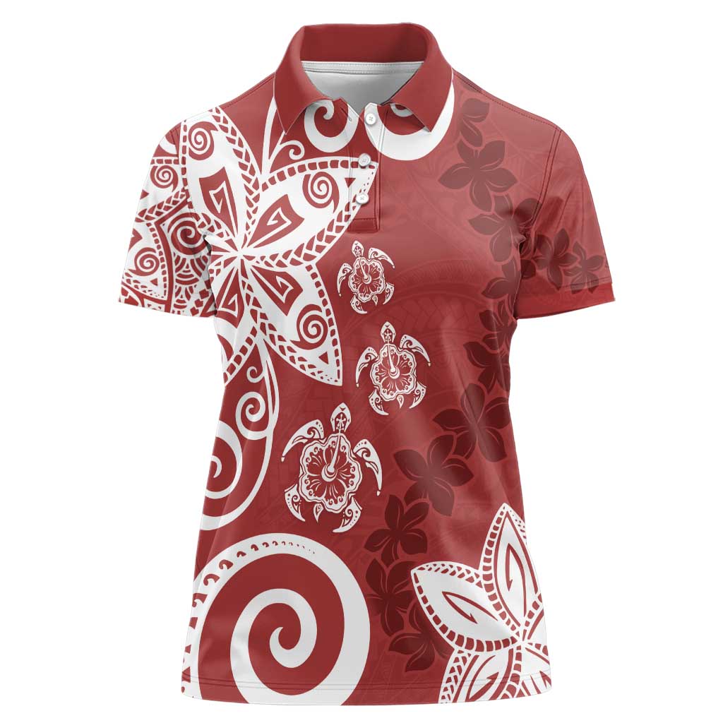 Polynesia Women Polo Shirt Red Tribal Turtle Floral Pattern
