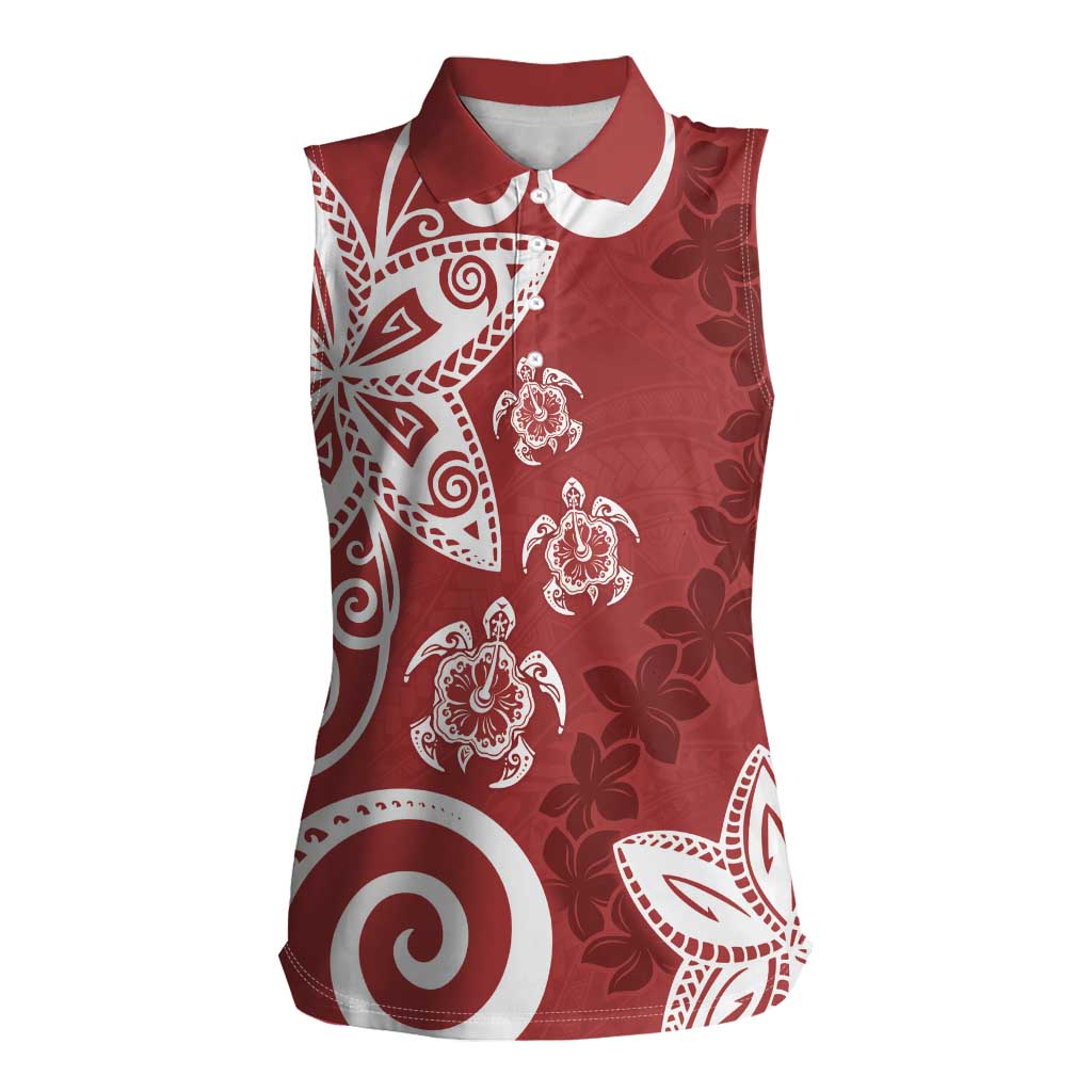 Polynesia Women Sleeveless Polo Shirt Red Tribal Turtle Floral Pattern