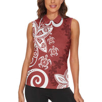 Polynesia Women Sleeveless Polo Shirt Red Tribal Turtle Floral Pattern