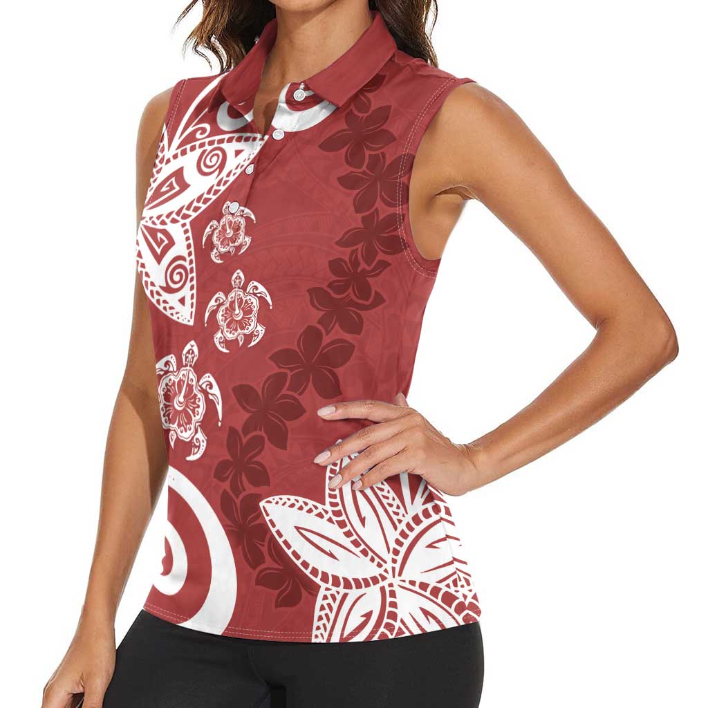 Polynesia Women Sleeveless Polo Shirt Red Tribal Turtle Floral Pattern
