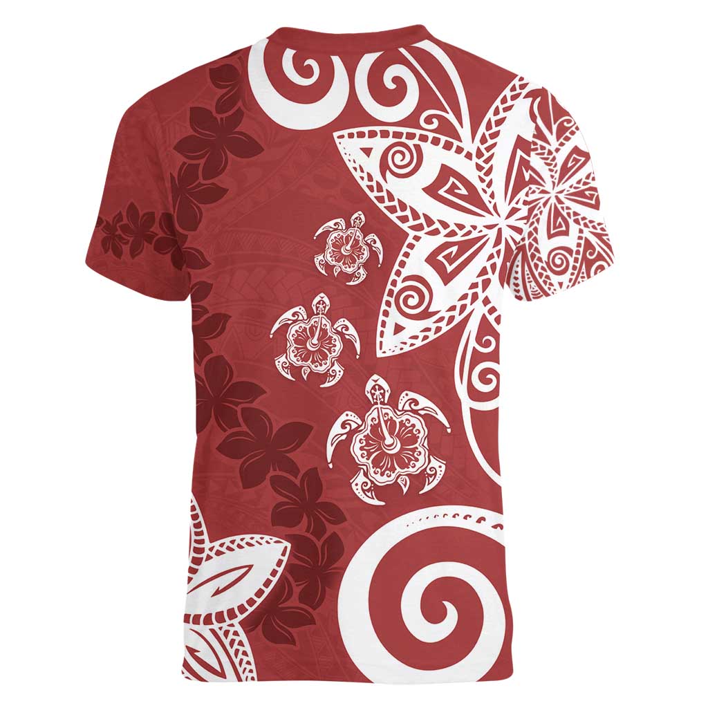 Polynesia Women V-Neck T-Shirt Red Tribal Turtle Floral Pattern LT05 - Polynesian Pride