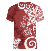 Polynesia Women V-Neck T-Shirt Red Tribal Turtle Floral Pattern LT05 - Polynesian Pride