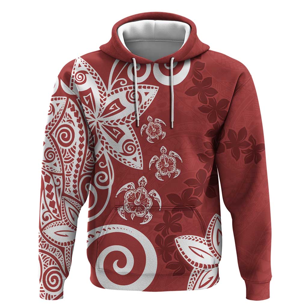Polynesia Zip Hoodie Red Tribal Turtle Floral Pattern