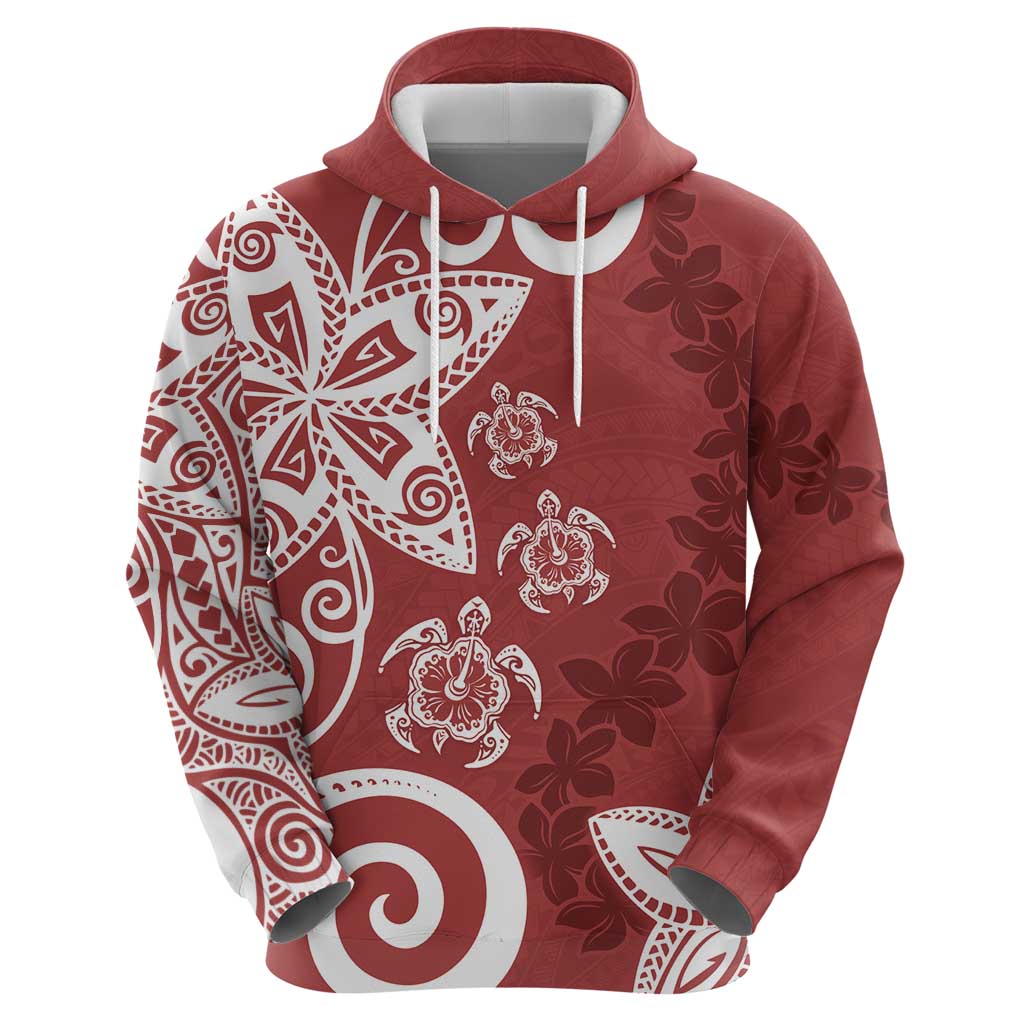 Polynesia Zip Hoodie Red Tribal Turtle Floral Pattern
