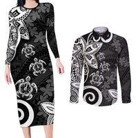 Polynesia Couples Matching Long Sleeve Bodycon Dress and Long Sleeve Button Shirt Black Tribal Turtle Floral Pattern LT05 Black - Polynesian Pride